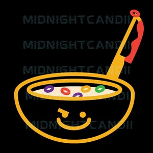 Puede incluir: Ilustración de dibujos animados de un tazón de cereal con coloridos aros de cereal y una cuchara. El tazón es negro con un contorno amarillo y una cara sonriente guiñando un ojo. La cuchara tiene un mango rojo.
