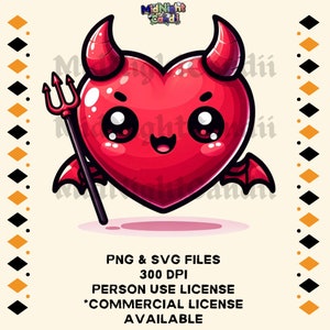Op de afbeelding: Een cartoon illustratie van een rode hartvormige duivel met hoorns, vleugels en een drietand. De afbeelding bevat de tekst "PNG & SVG FILES", "300 DPI", "PERSON USE LICENSE" en "*COMMERCIAL LICENSE AVAILABLE".