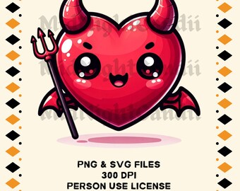 Valentines hart duivel SVG/PNG/ontwerpen/illustratie/vector/afbeeldingen/sublimatie/Cricut/clipart/afbeeldingen/kawaii/chibi