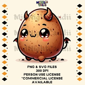 May include: A cartoon illustration of a potato-shaped character with horns, wings, and big eyes. The character is brown with darker spots and has a cute expression. Text at the bottom reads "PNG & SVG FILES", "300 DPI", "PERSON USE LICENSE", and "*COMMERCIAL LICENSE AVAILABLE".