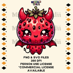 Op de afbeelding: Een digitale illustratie van een rood aardbeienpersonage met duivelshoorns, vleugels en een staart. De afbeelding bevat de tekst "PNG & SVG FILES", "300 DPI", "PERSON USE LICENSE" en "*COMMERCIAL LICENSE AVAILABLE".
