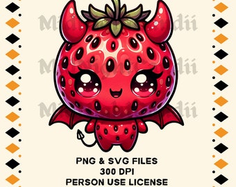Strawberry Devil SVG/PNG / Demon / ontwerpen / illustratie / Vector / afbeeldingen / sublimatie / Cricut / Clipart / Graphics / Kawaii / Chibi