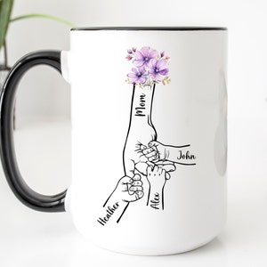 Custom Mom Floral Mug With Kids Name Coffee Mug, Custom Gift For Mom, Holding Kids Hands Mom Mug, Wildflower Mom, Mother&#39;s Day Gift,Mom Gift