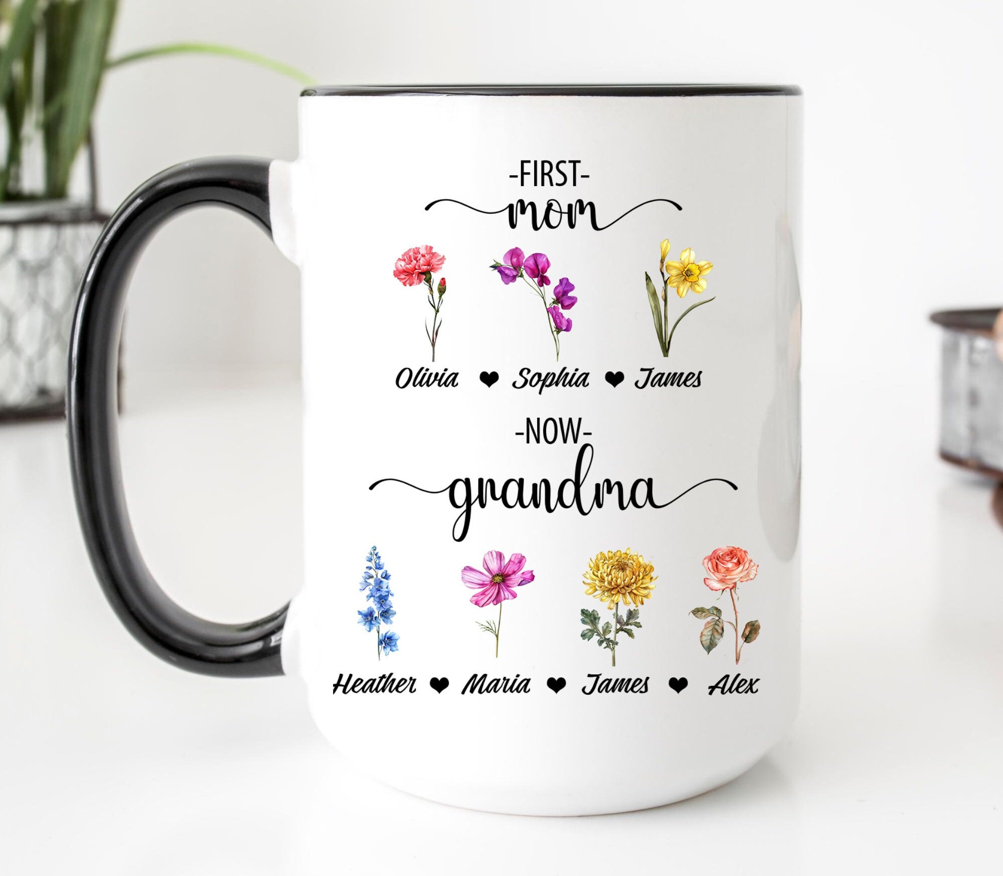 Custom First Mom Now Grandma Mug, Grandma's Garden Birth Flower Garden ...