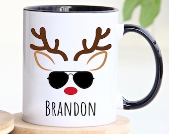 Personalized Hot Chocolate Mug, Custom Reindeer Mug, Hot Cocoa Mug, Reindeer Christmas Mug, Cute reindeer Faces mug, Custom Christmas gift