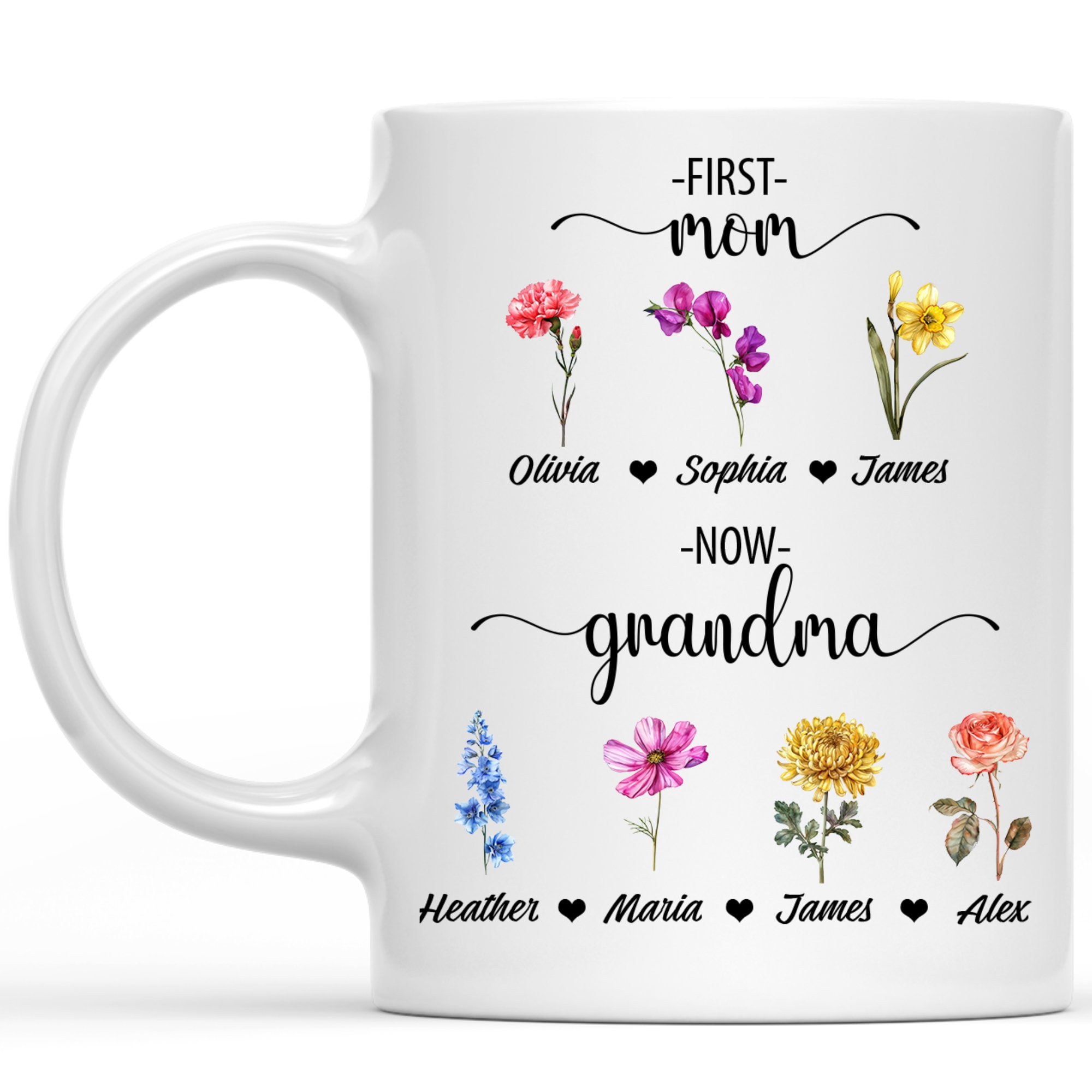 Custom First Mom Now Grandma Mug, Grandma's Garden Birth Flower Garden ...