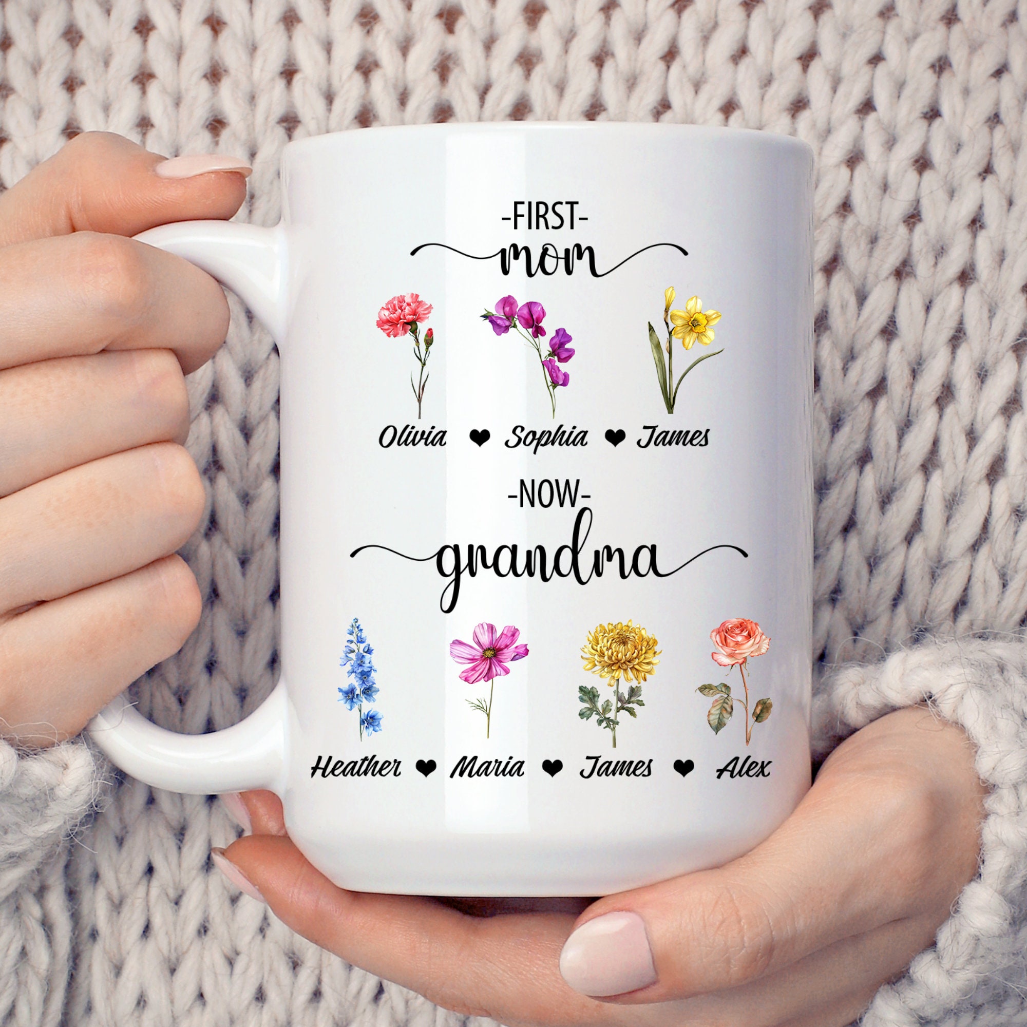 Custom First Mom Now Grandma Mug, Grandma's Garden Birth Flower Garden ...