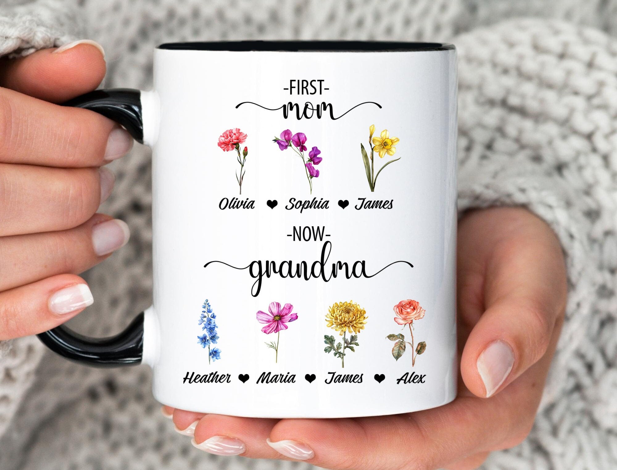 Custom First Mom Now Grandma Mug, Grandma's Garden Birth Flower Garden ...