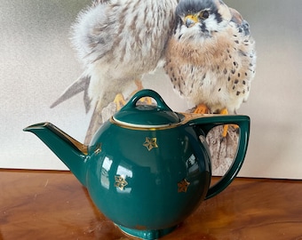 1940's HALL CHINA Gold Trimmed Kelly Green #0740 6-Cup Ball TeaPot S-322
