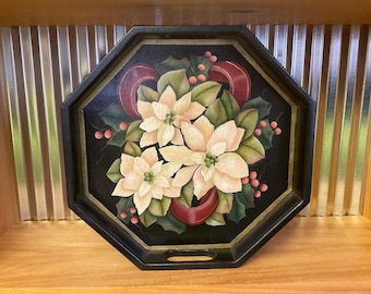 Artist Painted Octagon Black Wooden with White Pointsettias Tray  S-3063