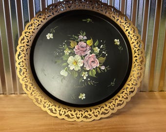 Vintage 1950's NASHCO Products New York Hand Painted Floral Serving tray Signed Raymond.  S-3085