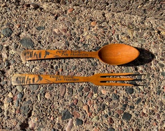 Rare 1950's China Town San Fransisco Souvenir Wooden Salad Fork & Spoon  S-000