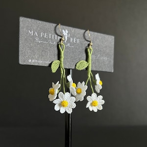 White Daisy Flowers Earrings Handmade Wildflowers Cluster Earrings Cute Floral Drop Earrings Gift for Her Crochet Jewelry Birthday Gifts