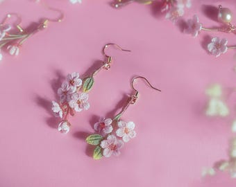 Sakura Flower Earrings Micro Crochet Cherry Blossom Pink Floral Dangle Boho Kawaii Date Jewelry Lightweight Gift for Her Spring Trip Outfit