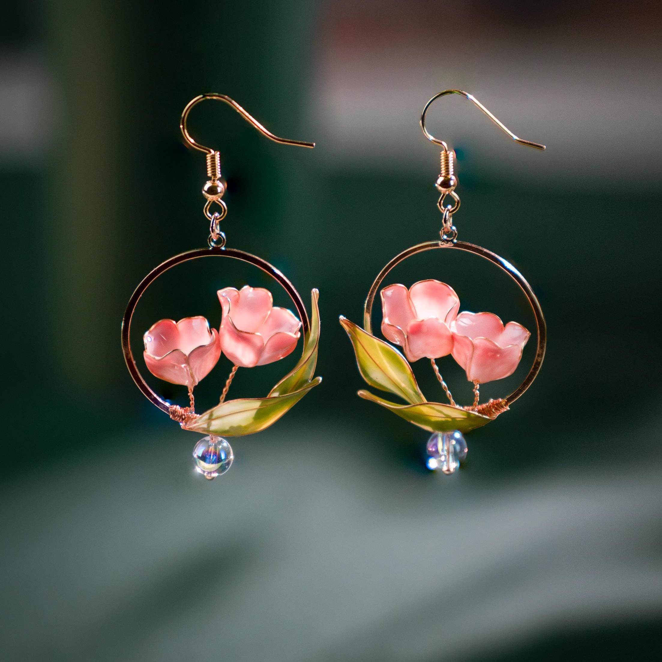 Lily of the Valley Earrings: Pink Flower Resin Gold Hoops, Birth Flower Jewelry