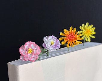 November Birthflower Peony Chrysanthemum Bookmark Micro Crochet Gift For Mom Daughter Newborn Birthday Christmas Handmade Floral Book Lover