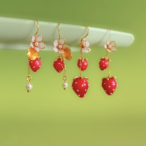 Strawberry Earrings with Flowers Boho Cottagecore Jewelry Handmade Glossy Fruit Dangle Fairycore Gift Christmas Stocking Stuffer Fruity