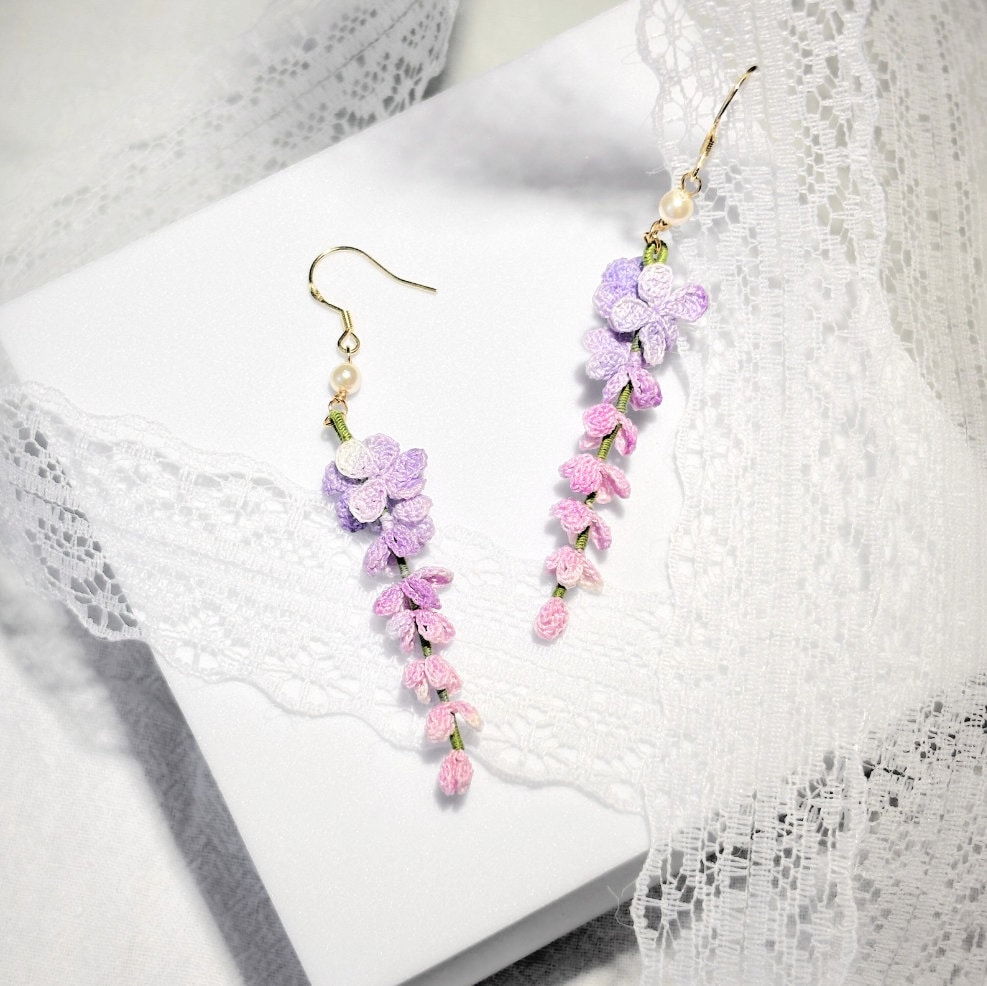 29 Wisteria Crochet Patterns for Floral Decor, Garlands, and Gifts 26 Lavender Wisteria Micro Crochet Earrings with Pearls Boho