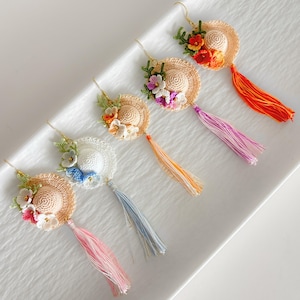 Straw Hat Earrings Micro Crochet Flower Tassel Summer Beach Jewelry Boho Dangle Cute Gift for Her Vacation Accessory Cottagecore Style