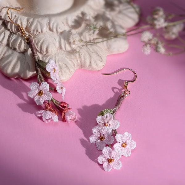 Sakura Flowers Earrings - Handmade Micro Crochet Cherry Blossom Earrings - Mismatched Boho Chic Large Pink Floral Jewelry Dangle Earrings