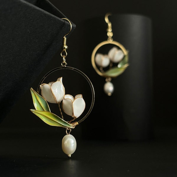 Lily of the Valley Earrings Gold Hoops Ceramic Finish Personalized Gift for Her Floral Earrings Unique Handmade Resin Statement Earrings