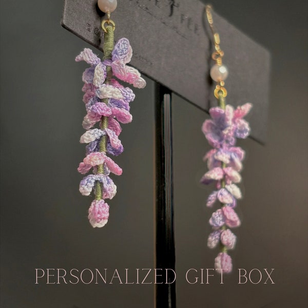 Micro Crochet Lavender Wisteria Earrings with Pearls Boho Fairy Light-Weighted Floral Dangle Earrings Spring Summer Unique Gift for Daughter