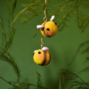 Bee Earrings Micro Crochet Dangle Sterling Silver Whimsical Bumble Bee Gift for Her Kawaii Insect Lover Birthday Nature Jewelry