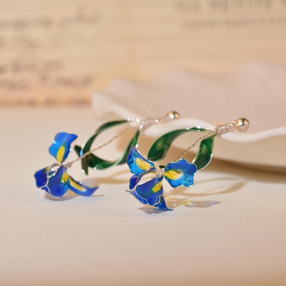 Iris Flower Earrings Van Gogh Fairy-core Jewelry Klein Blue Museum Vibe Outfit Spring Valentines Gift Wired Resin Art Wearable Flowers Drop