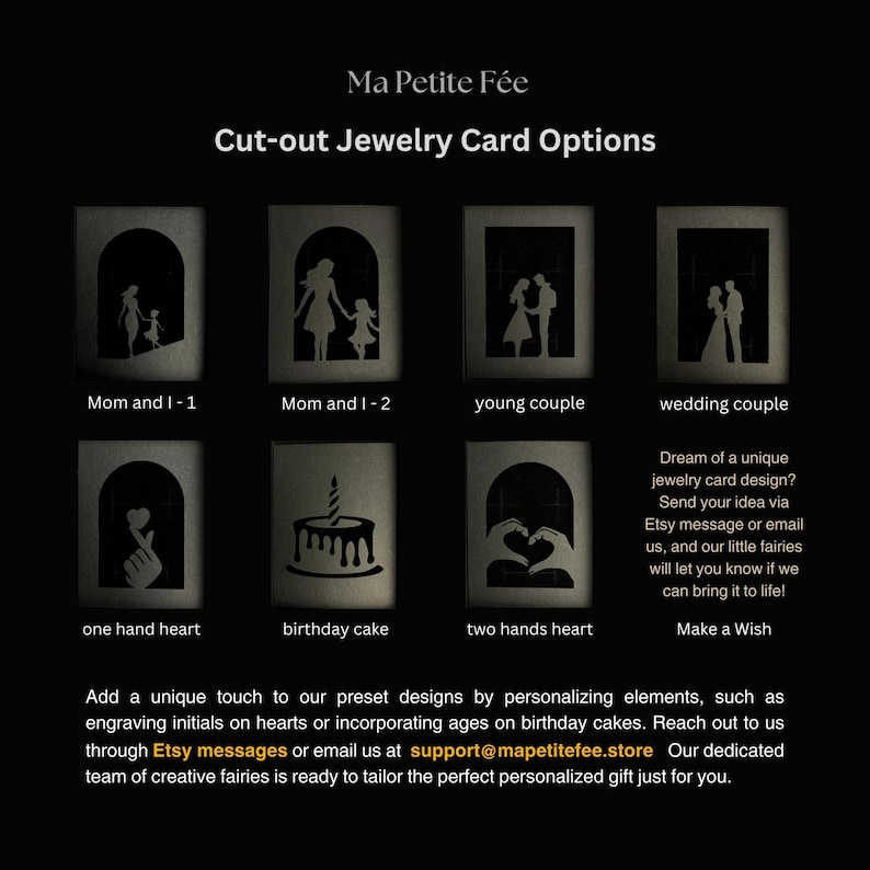 May include: A black display board titled Ma Petite F&eacute;e Cut-out Jewelry Card Options featuring eight silhouette designs: Mom and I, young couple, wedding couple, one hand heart, birthday cake, and two hands heart, with custom design contact text.