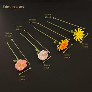 May include: Five crocheted flower stems with different colored flowers. The stems are approximately 5.7 inches long and the flowers are 1 inch in diameter. The flowers are pink, white, orange, and yellow.