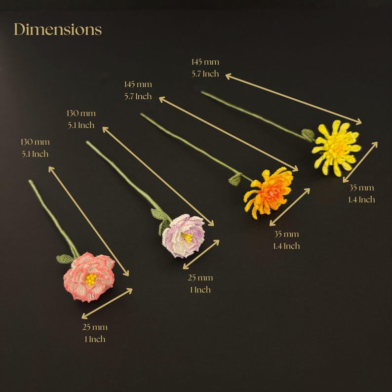 May include: Five crocheted flower stems with different colored flowers. The stems are approximately 5.7 inches long and the flowers are 1 inch in diameter. The flowers are pink, white, orange, and yellow.