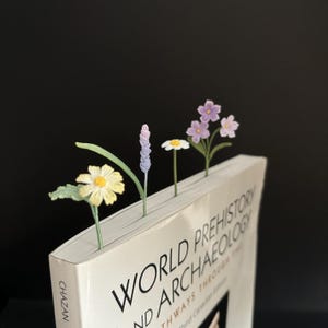 Könnte beinhalten: Ein Buch mit dem Titel "World Prehistory and Archaeology" mit mehreren handgefertigten Häkelblumen-Lesezeichen. Die Lesezeichen umfassen eine gelbe Gänseblümchen, einen Lavendelzweig, eine weiße Gänseblümchen und lila Blumen. Das Buch hat einen weißen Einband.