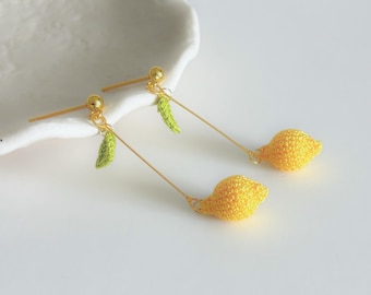 Pendientes Lemon Drop de micro crochet, delicados, para amantes de las frutas, ideales para el Día de la Madre, con un lindo estilo veraniego. Joyería hecha a mano, estilo cottagecore, regalos de primavera.