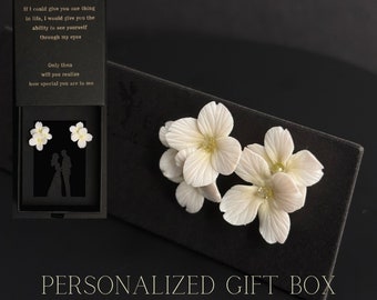 Wedding Earrings White Hydrangea Earrings Personalized Gift for Her Bridal Shower Jewelry Bridesmaids Gift Asymmetrical Earrings Custom Gift