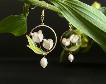 Lily of the Valley Earrings Dangle Gold Hoop Cottage Core May Birth Flower Jewelry Ceramic Finish Handmade Resin Flower for Mothers Day Gift