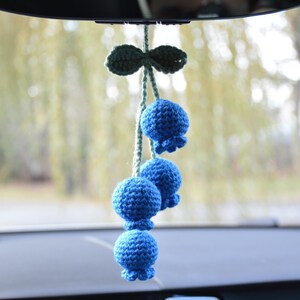 May include: A handmade car charm featuring a cluster of blue crochet berries hanging from a green stem and leaf. The berries are round with a ruffled edge, and the charm is suspended from a car's rearview mirror.