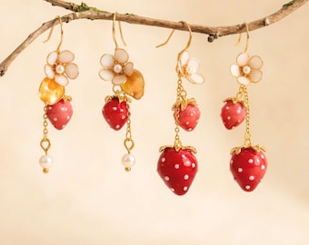 Strawberry Earrings Valentine's Day Fruit Dangle Kawaii Fairycore Cottagecore Jewelry Glossy Berry Botanical Summer Statement Gift for Her