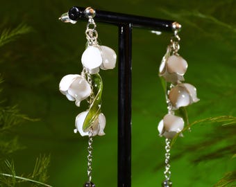 Lily of the Valley Earrings Micro Crochet Floral Dangles Sterling Silver Spring Jewelry Cottage Core Wedding Gift Botanical Flower Accessory