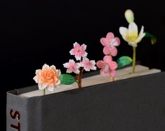 Dahlia Lily Peach Cherry Blossom Bookmark Micro Crochet Spring Gift For Mom Daughter Birthday Floral Handmade Sakura Inspired Reading Charm