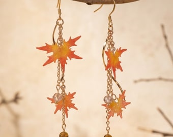 Maple Leaves Earrings Autumn Vibe Fall Orange Boho Chic Cottage-core Resin Art Jewelry Glossy Botanical Natural Warmth for Mom Gift for Her