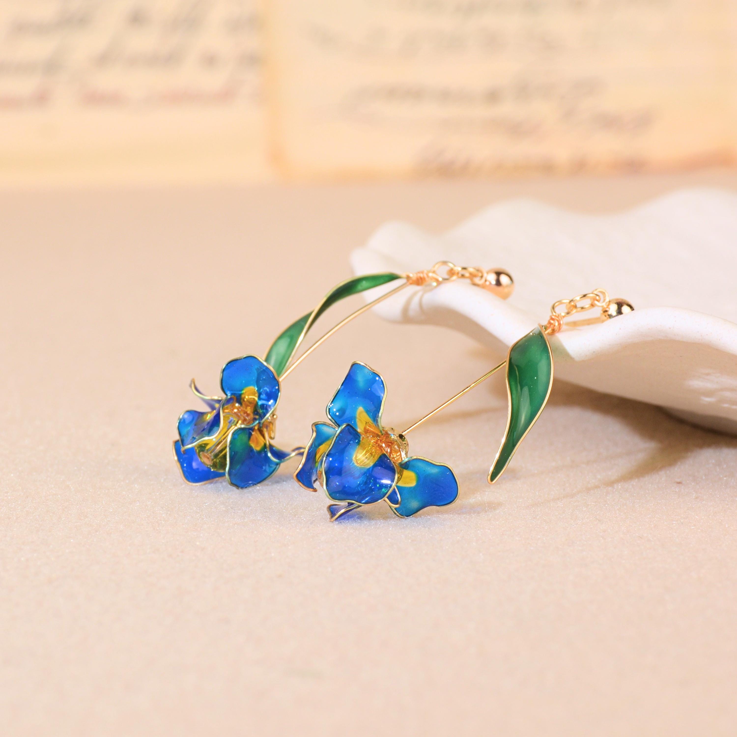 Iris Flower Earrings Resin Long Drop Floral Dangle Bridesmaid