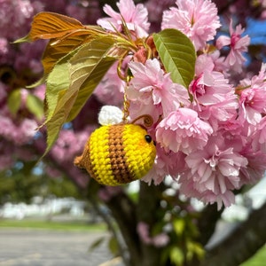 May include: A crocheted bee keychain with yellow and brown stripes, white wings, and black eyes. The keychain is hanging from a pink cherry blossom tree branch.