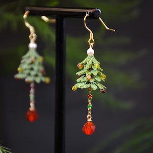 Christmas Tree Earrings Micro Crochet Handmade Ruby Dangle Jewelry Holiday Festive Accessories Present for Wife Xmas Party Outfit for her