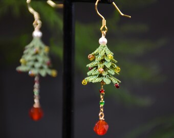 Christmas Tree Earrings Micro Crochet Handmade Ruby Dangle Jewelry Holiday Festive Accessories Present for Wife Xmas Party Outfit for her