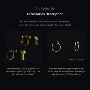 ❀ Ear Posts: Made from sterling silver (S925) as the base metal with a gold vermeil plating, ensuring they are hypoallergenic.
❀ Ear Clips: Constructed with brass as the base metal, coated in gold vermeil plating, and designed to be hypoallergenic.