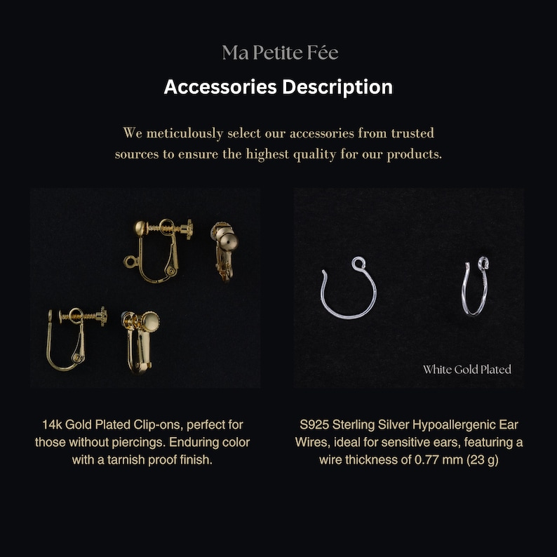 ❀ Ear Posts: Made from sterling silver (S925) as the base metal with a gold vermeil plating, ensuring they are hypoallergenic.
❀ Ear Clips: Constructed with brass as the base metal, coated in gold vermeil plating, and designed to be hypoallergenic.