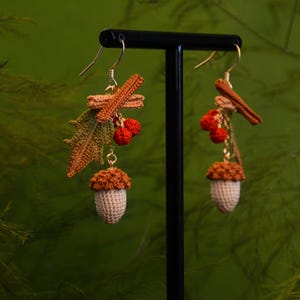 Pendientes Micro Crochet Bellota Acebo Perla Bosque Núcleo Joyería Botánica Chic Amigo Invisible Accesorios para Fiesta de Navidad Hojas de Otoño Arte