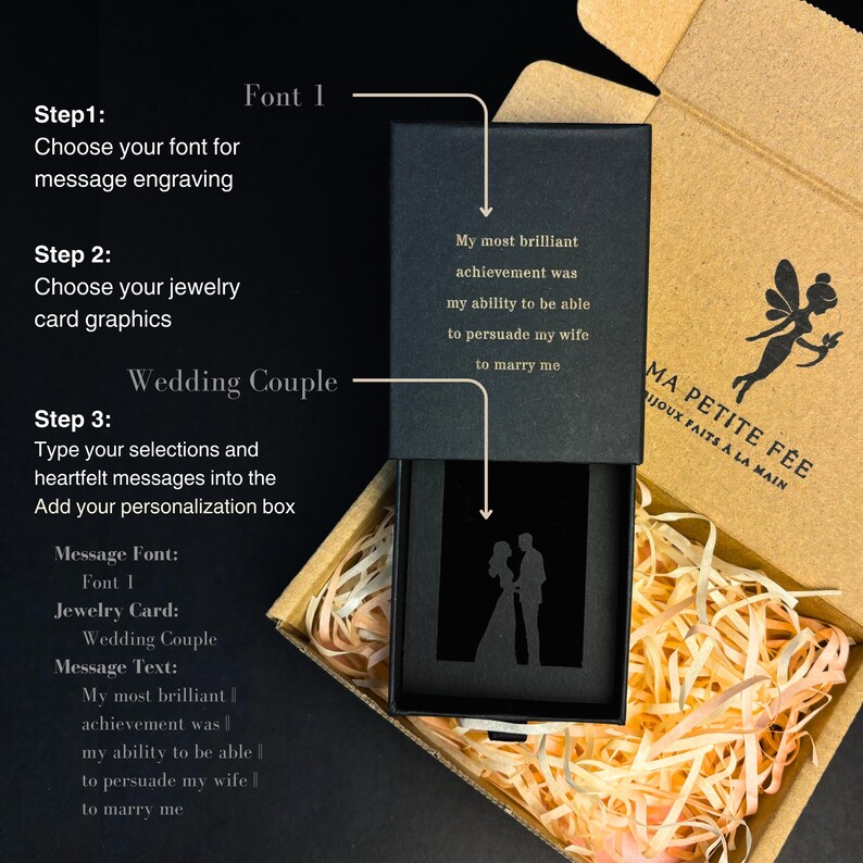 May include: A black rectangular jewelry gift box with a sliding lid, featuring gold text that reads: My most brilliant achievement was my ability to be able to persuade my wife to marry me, and a silhouette graphic of a wedding couple.