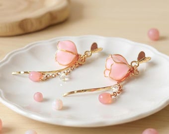 Pendientes de lirio de los valles rosa para San Valentín, estilo cottagecore, princesa de hadas, rosa, pendientes colgantes de plata hechos a mano, regalo sincero, joyería