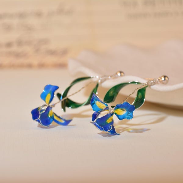 Iris Flower Earrings Van Gogh Fairycore Klein Blue Spring Valentines Gift Wired Resin S925 Sterling Silver Violet Tangerine Floral Jewelry